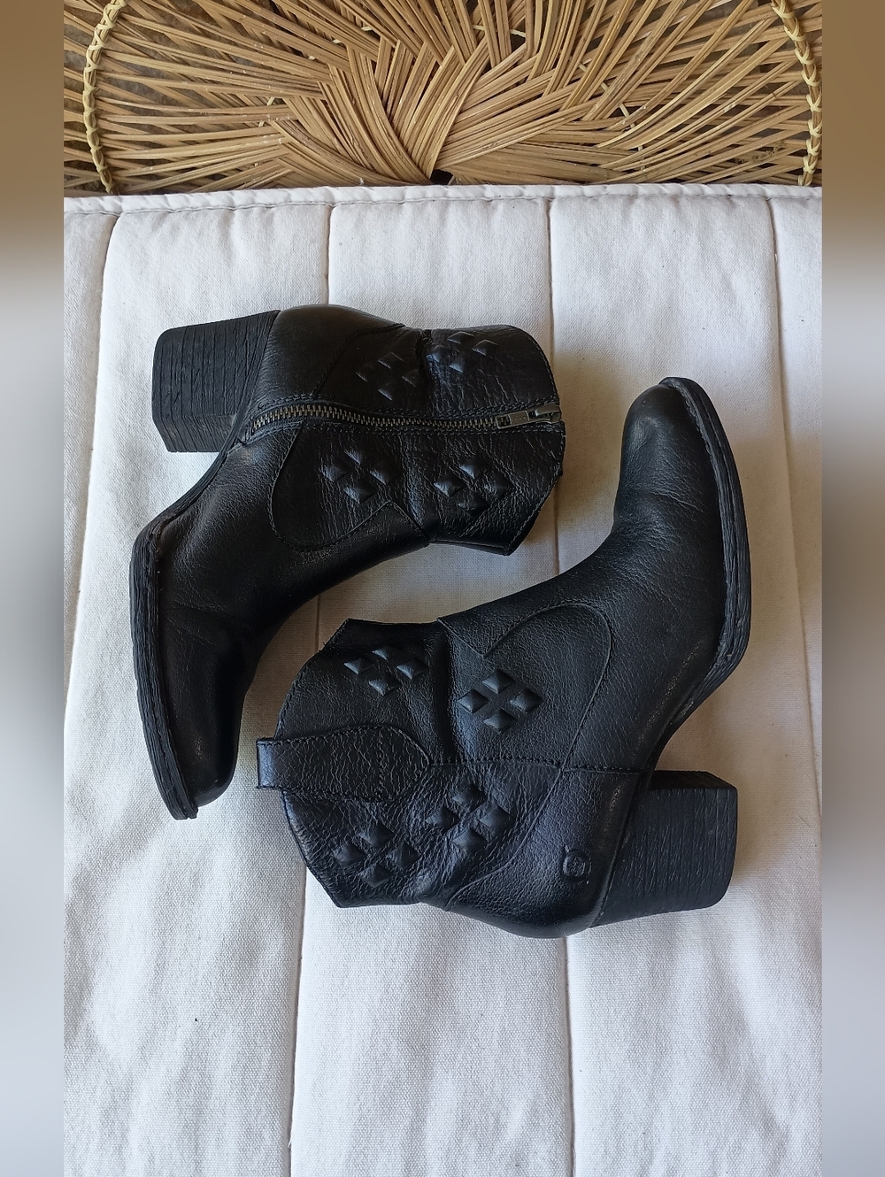 Born Black Leather Ankle Booties with Embossed Western Details_7